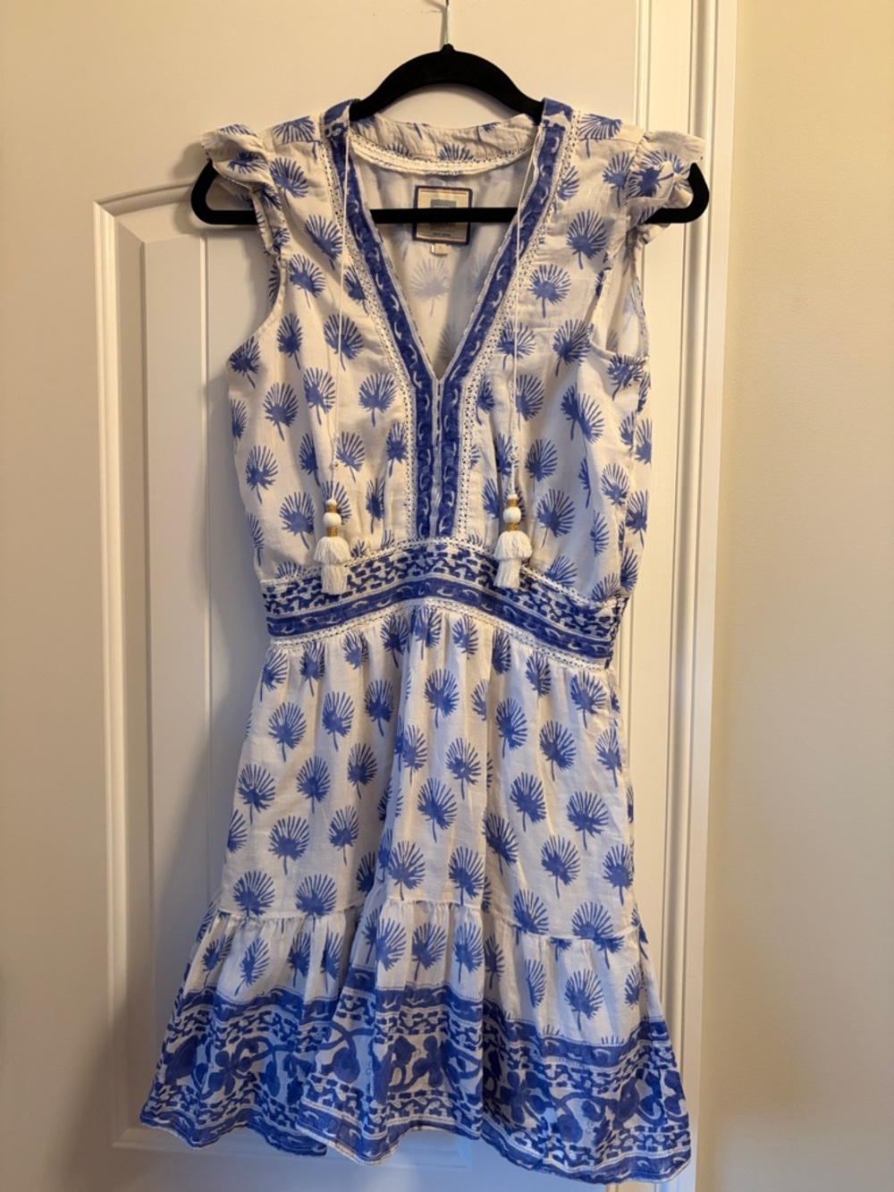 HUNTER BELL White Dress with Blue Botanical Print and Tassels